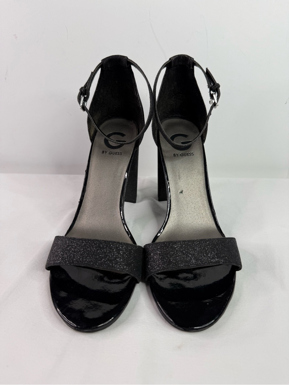 G By Guess Shantel Black Sparkle Sequence Ankle Strap Heels Size 9.5